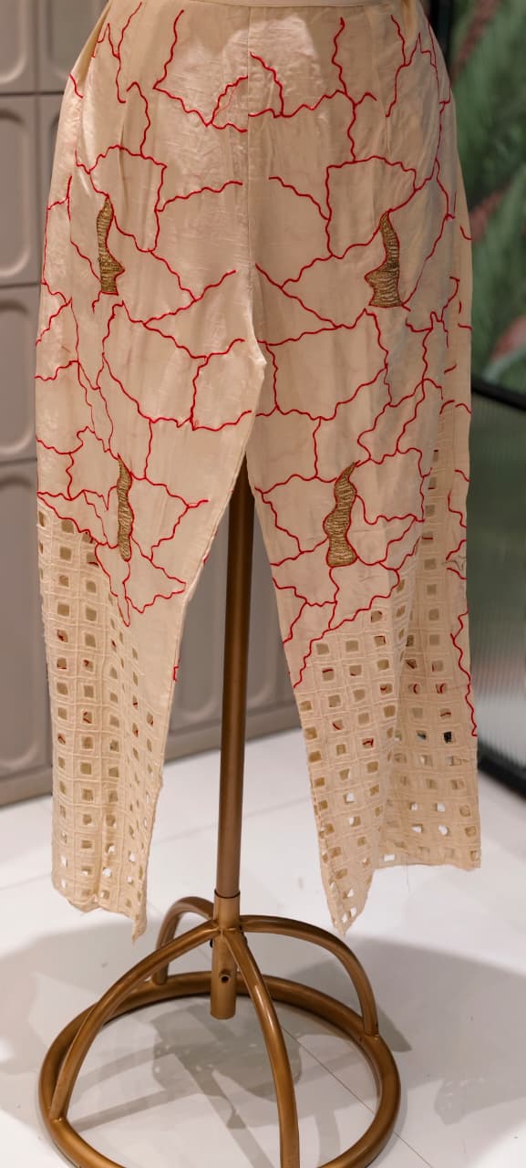 Contemporary Abstract Embroidered with Geometric Cutwork Russian Silk Co-Ord Set- 15224