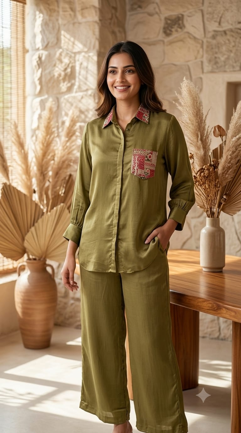 Premium Chinon Multicolor Boho Collar With Pocket Co-Ord Set- 15364