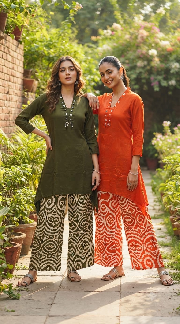 Boho Neckline Solid High-Low Kurta With Printed Bottom- 15354