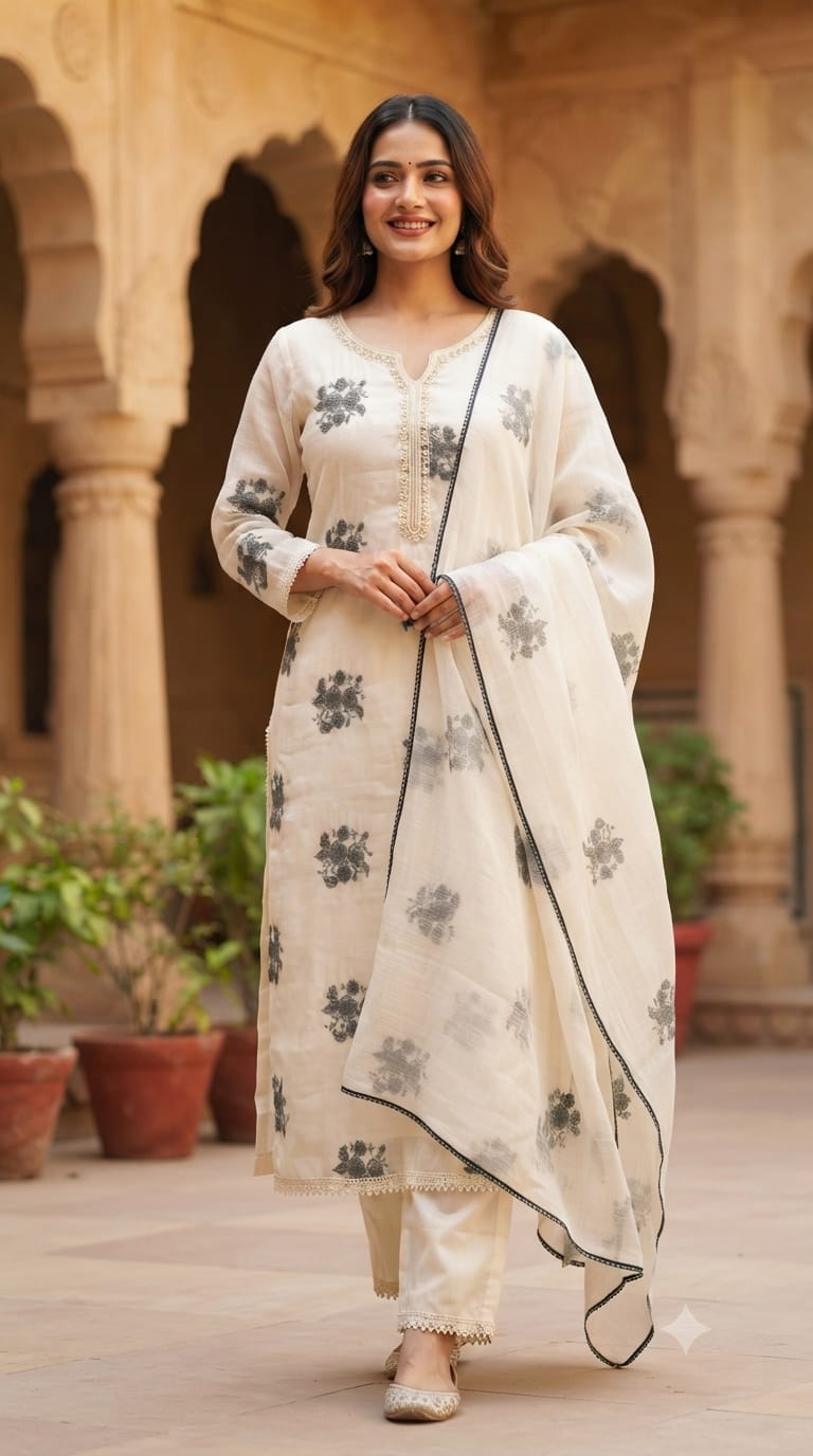 3D Floral Scattered Appliques Minimal Neckline Surat Mul-Chanderi Full Suit Set With Dupatta- 15332