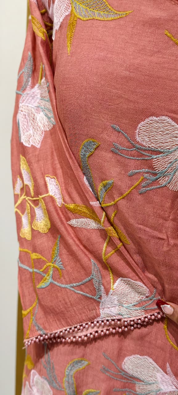 Elegant Applique Look Floral Embroidered 3-Piece Crush Surat Mul-Chanderi Full Suit Set With Dupatta- 15431