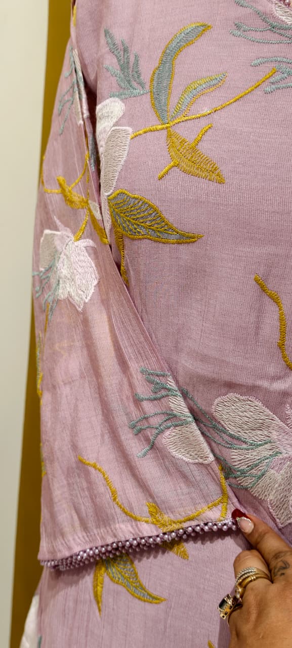 Elegant Applique Look Floral Embroidered 3-Piece Crush Surat Mul-Chanderi Full Suit Set With Dupatta- 15431
