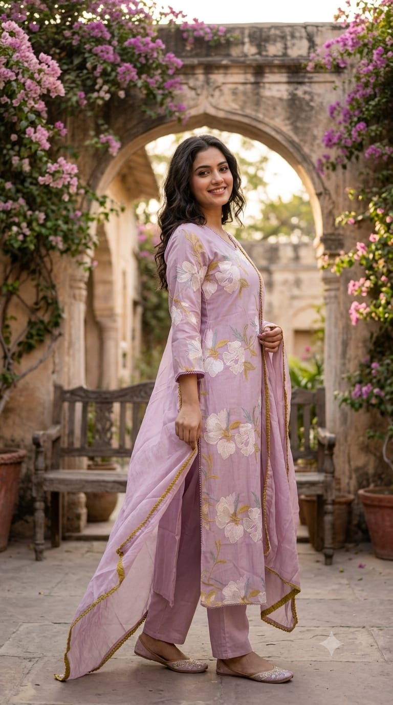 Elegant Applique Look Floral Embroidered 3-Piece Crush Surat Mul-Chanderi Full Suit Set With Dupatta- 15431