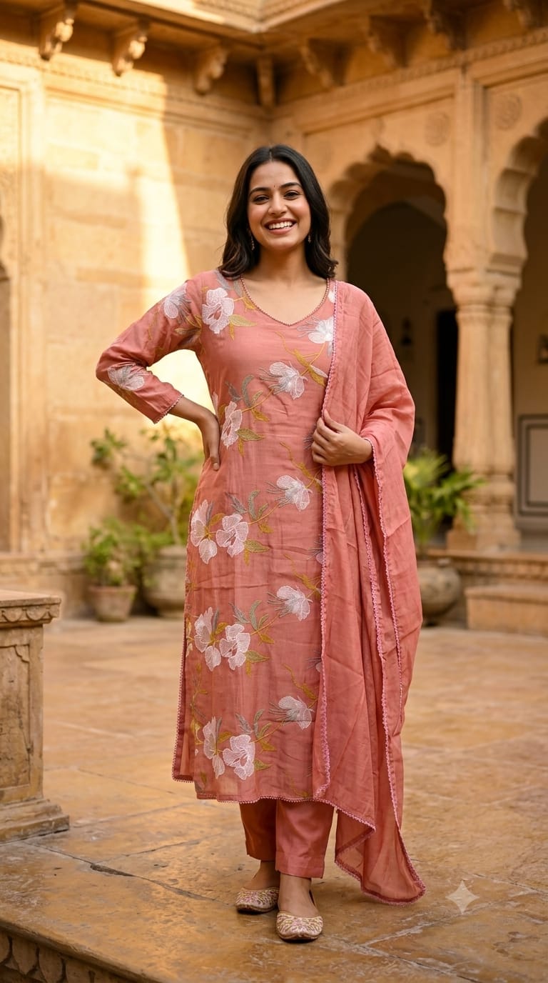 Elegant Applique Look Floral Embroidered 3-Piece Crush Surat Mul-Chanderi Full Suit Set With Dupatta- 15431