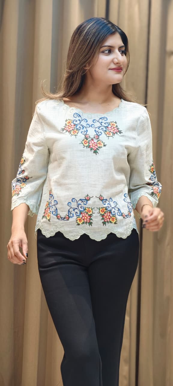 Abstract Floral Prints Cutwork Comfy Imported Casual Top- 15145
