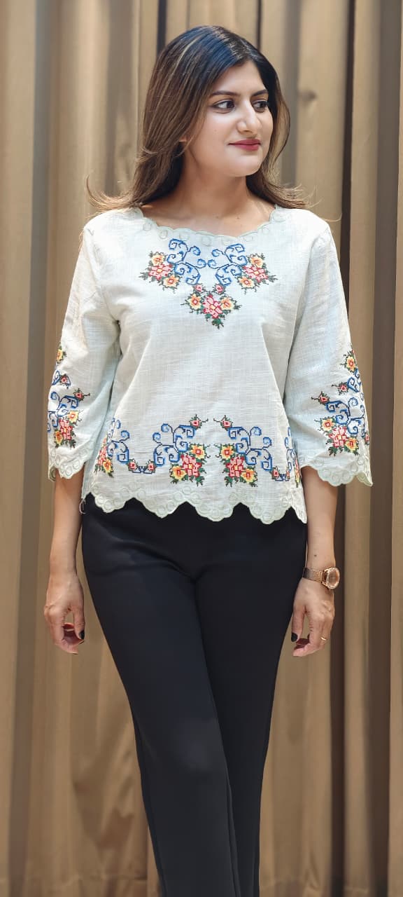 Abstract Floral Prints Cutwork Comfy Imported Casual Top- 15145