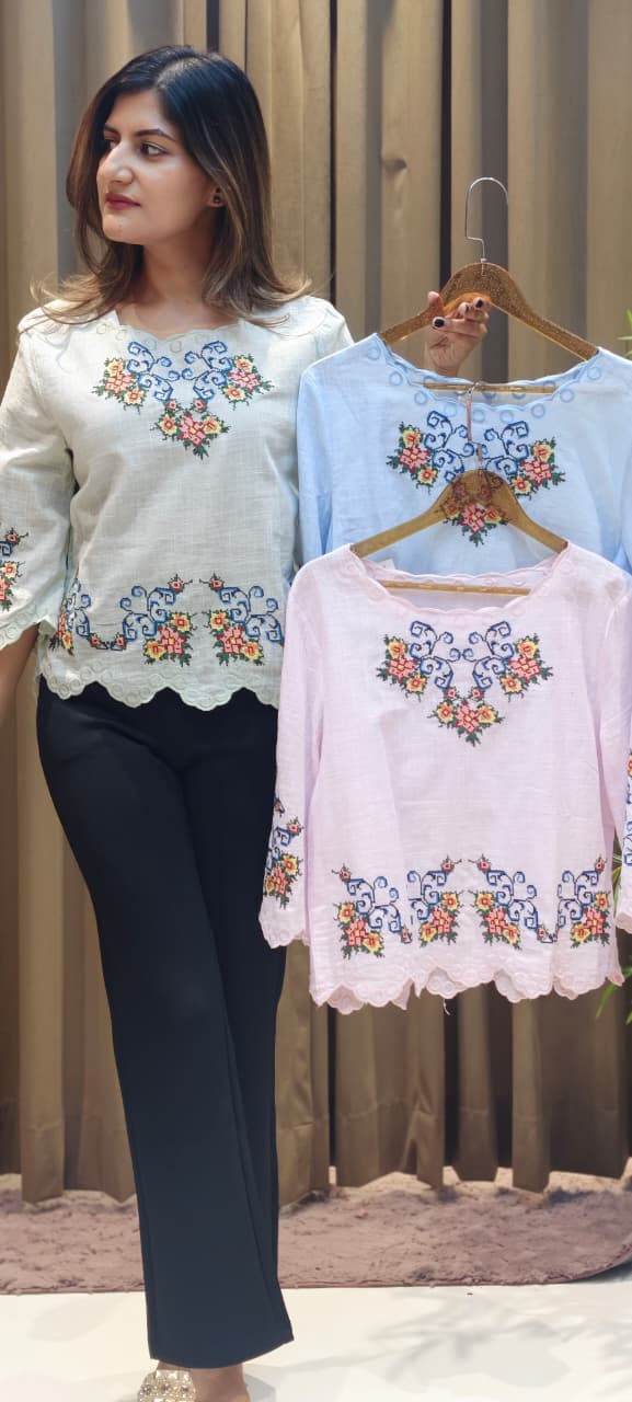 Abstract Floral Prints Cutwork Comfy Imported Casual Top- 15145