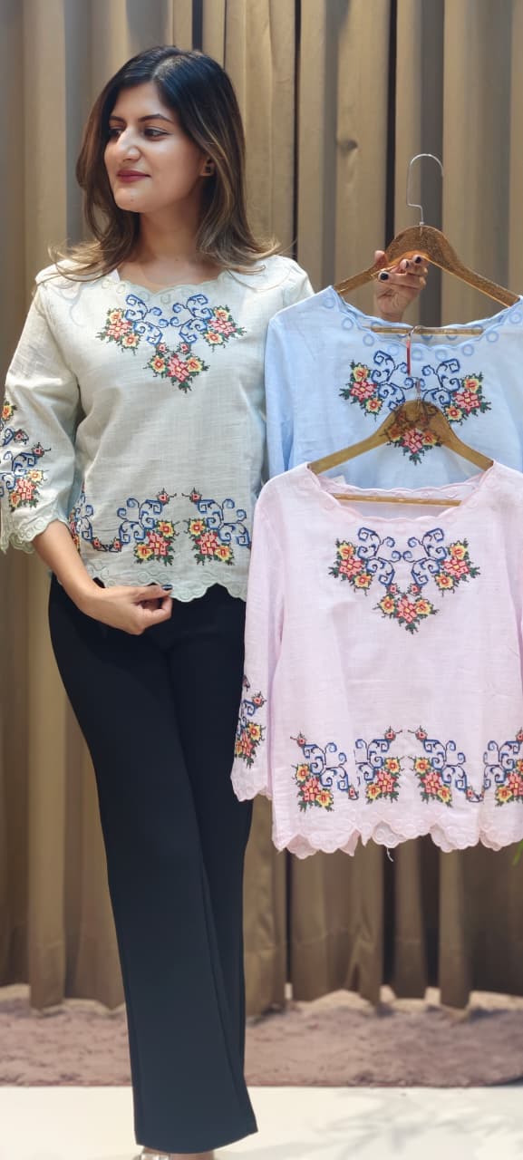 Abstract Floral Prints Cutwork Comfy Imported Casual Top- 15145