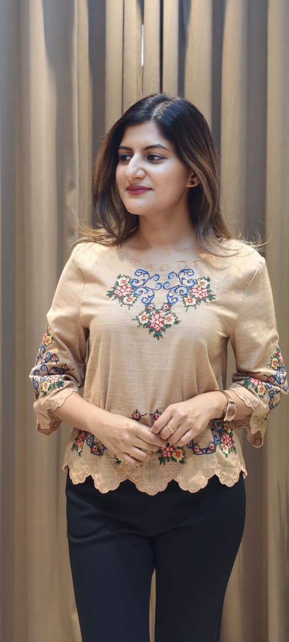 Abstract Floral Prints Cutwork Comfy Imported Casual Top- 15145