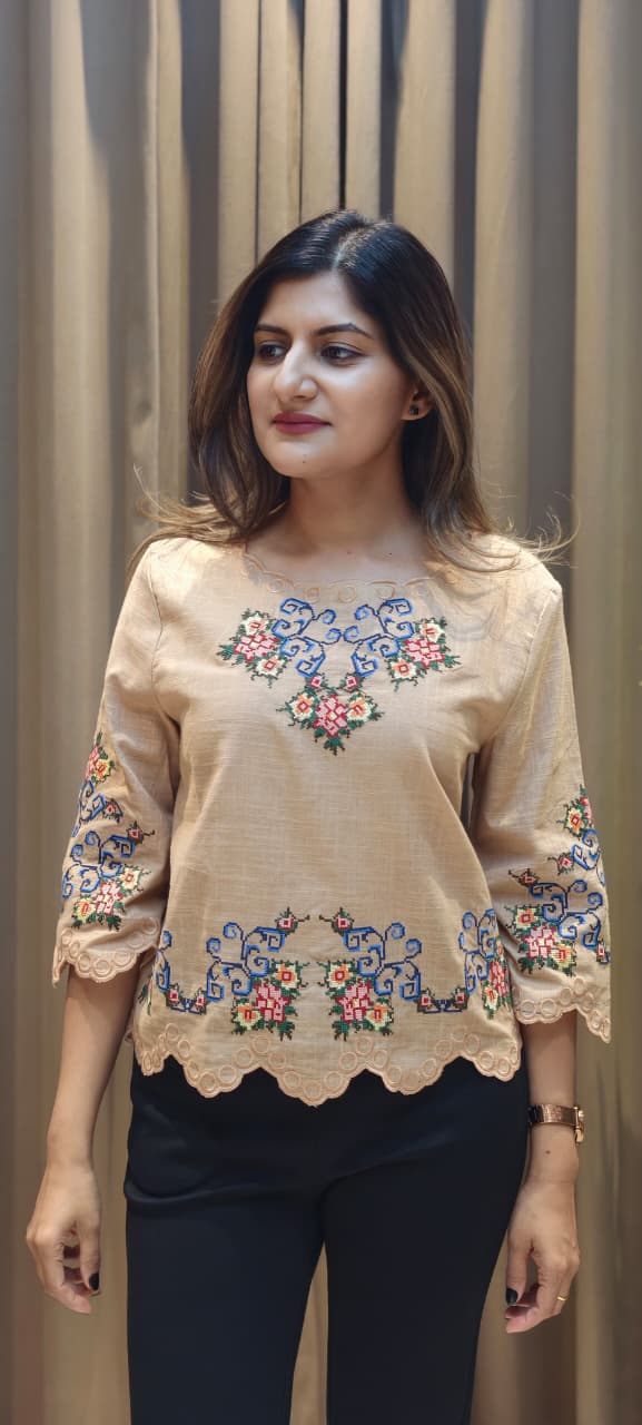 Abstract Floral Prints Cutwork Comfy Imported Casual Top- 15145