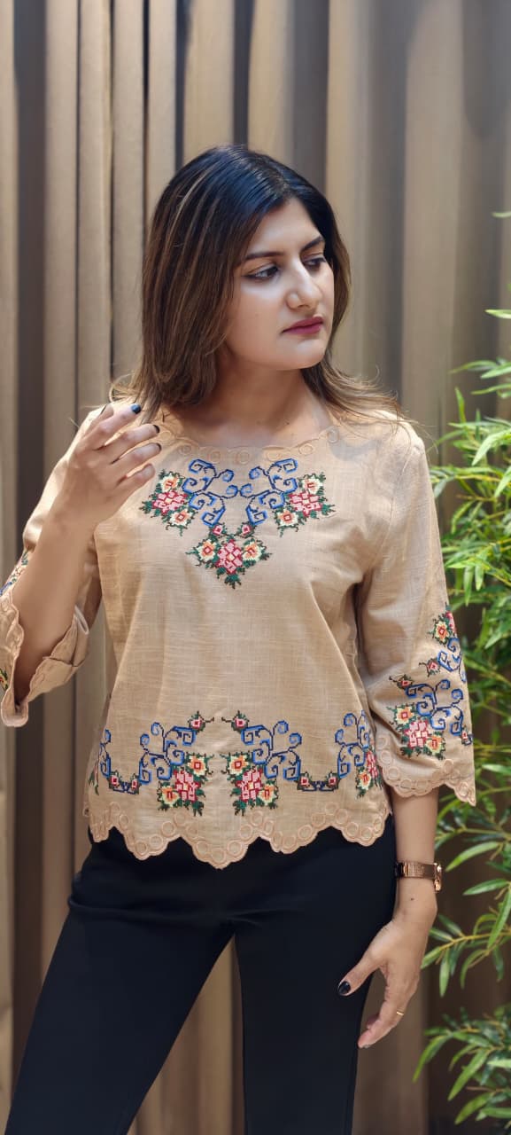 Abstract Floral Prints Cutwork Comfy Imported Casual Top- 15145