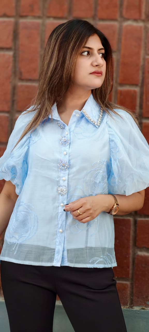 Syroski Stone Floral Popped Sequin Detailing Puffy Western Top- 15061