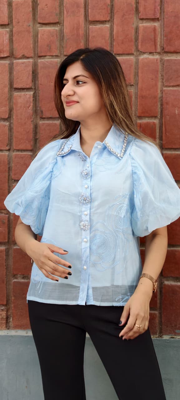 Syroski Stone Floral Popped Sequin Detailing Puffy Western Top- 15061