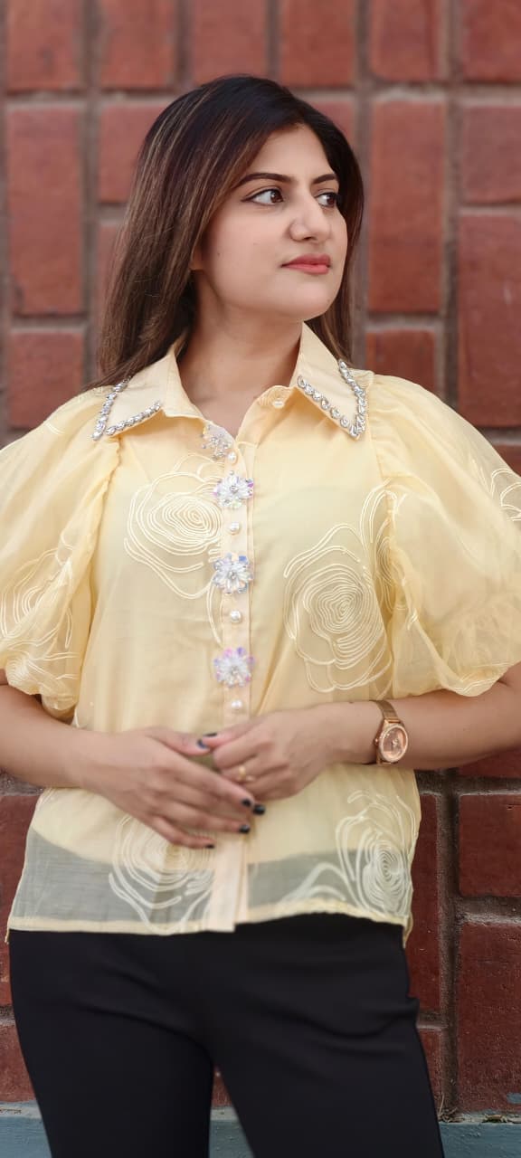 Syroski Stone Floral Popped Sequin Detailing Puffy Western Top- 15061
