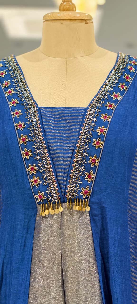 Grand Nior Tassel Accent Golden Stripes Tissue A-Line Full Suit Set With Dupatta- 15325