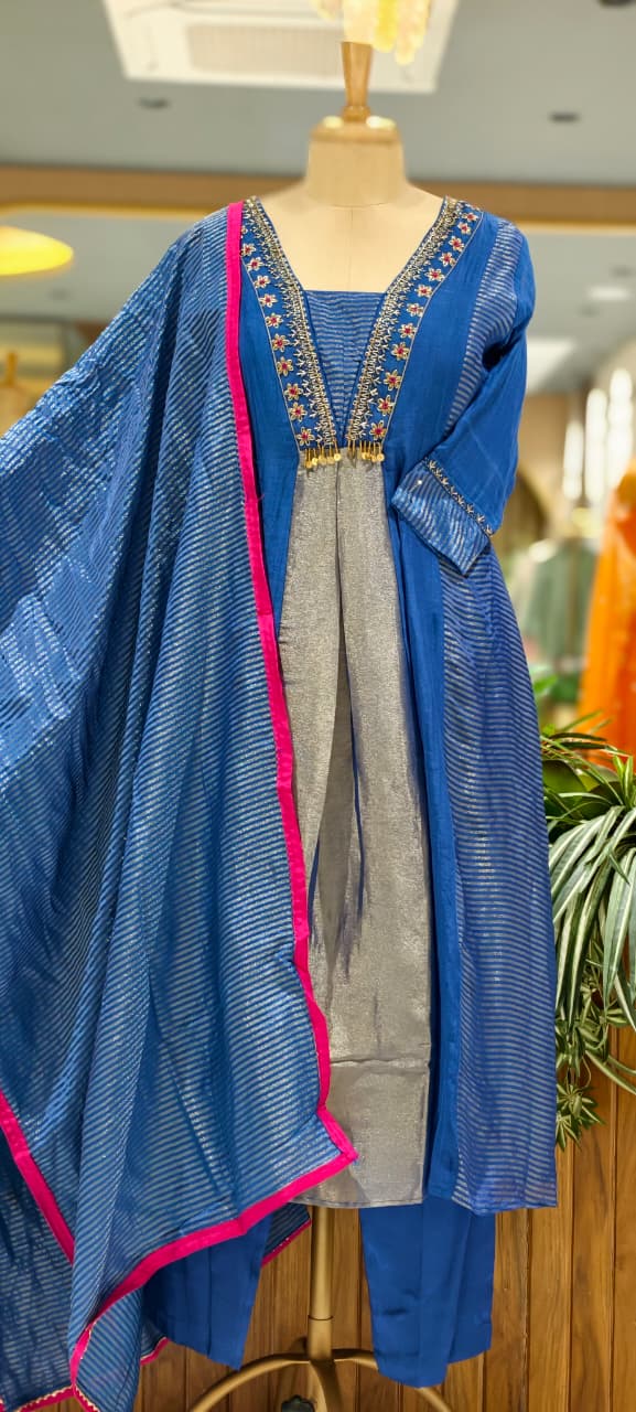 Grand Nior Tassel Accent Golden Stripes Tissue A-Line Full Suit Set With Dupatta- 15325