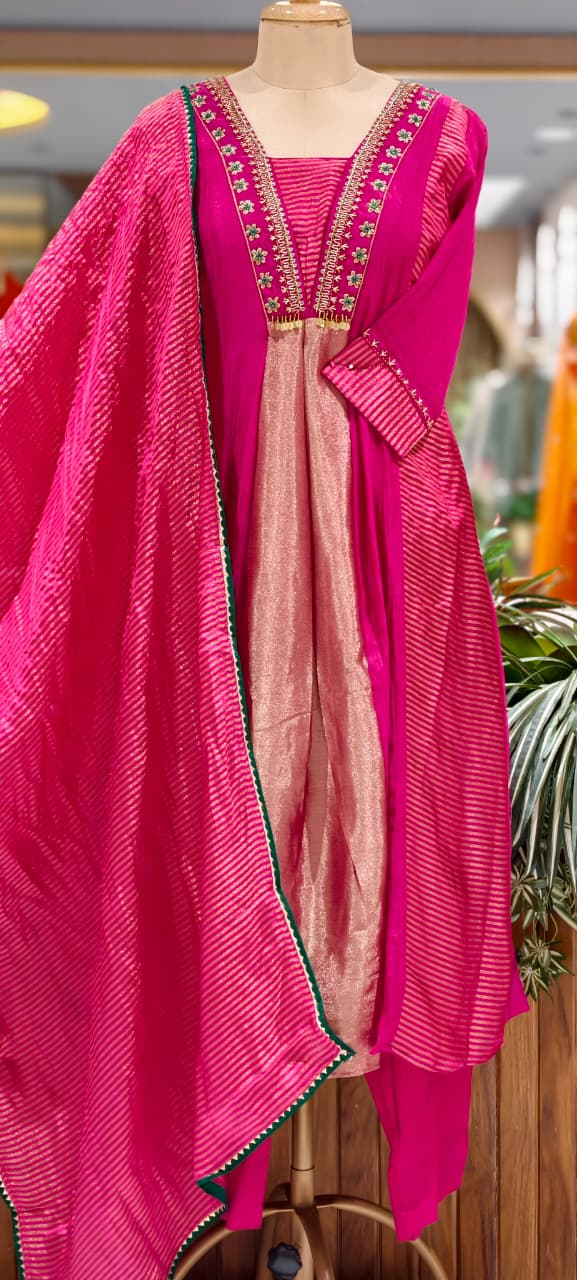 Grand Nior Tassel Accent Golden Stripes Tissue A-Line Full Suit Set With Dupatta- 15325