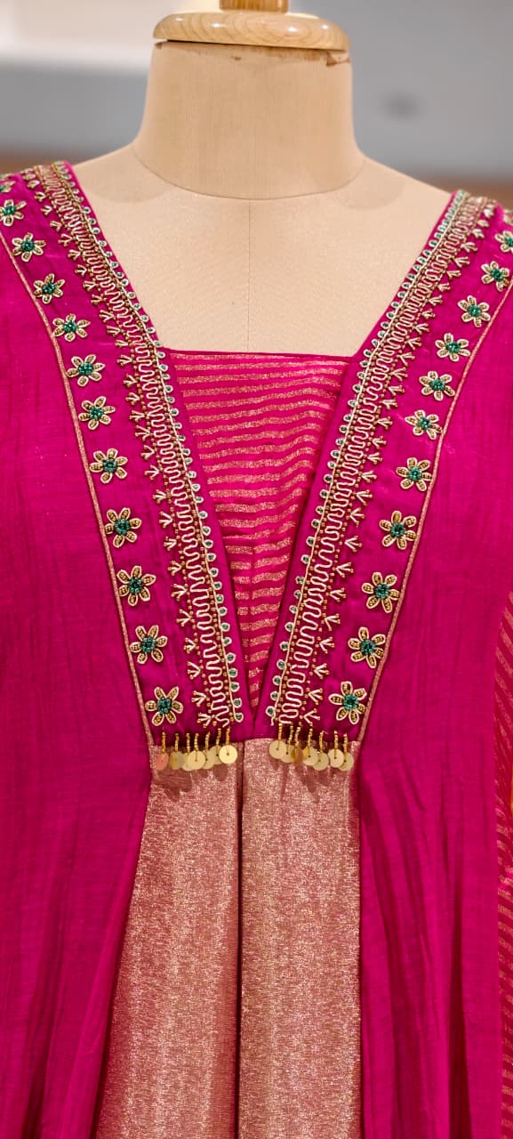Grand Nior Tassel Accent Golden Stripes Tissue A-Line Full Suit Set With Dupatta- 15325