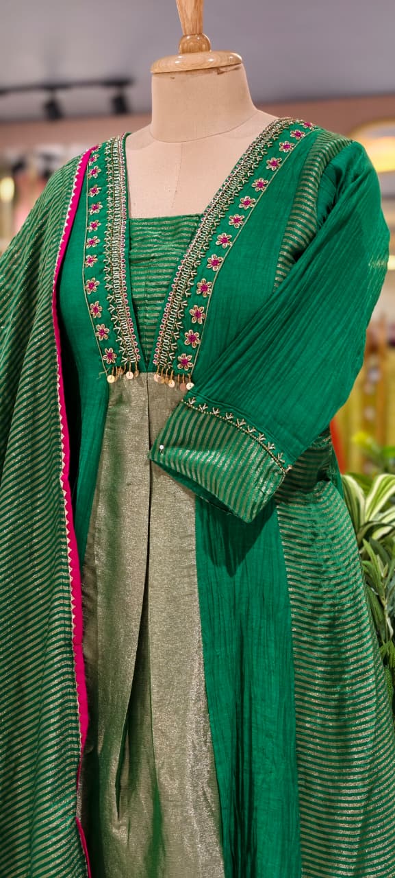 Grand Nior Tassel Accent Golden Stripes Tissue A-Line Full Suit Set With Dupatta- 15325