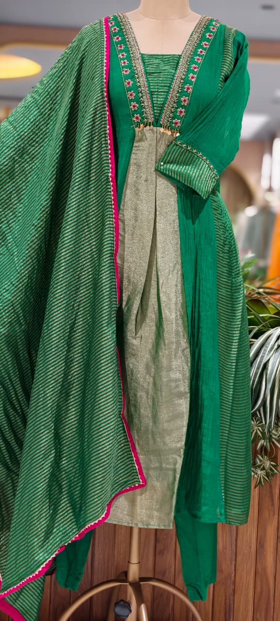 Grand Nior Tassel Accent Golden Stripes Tissue A-Line Full Suit Set With Dupatta- 15325