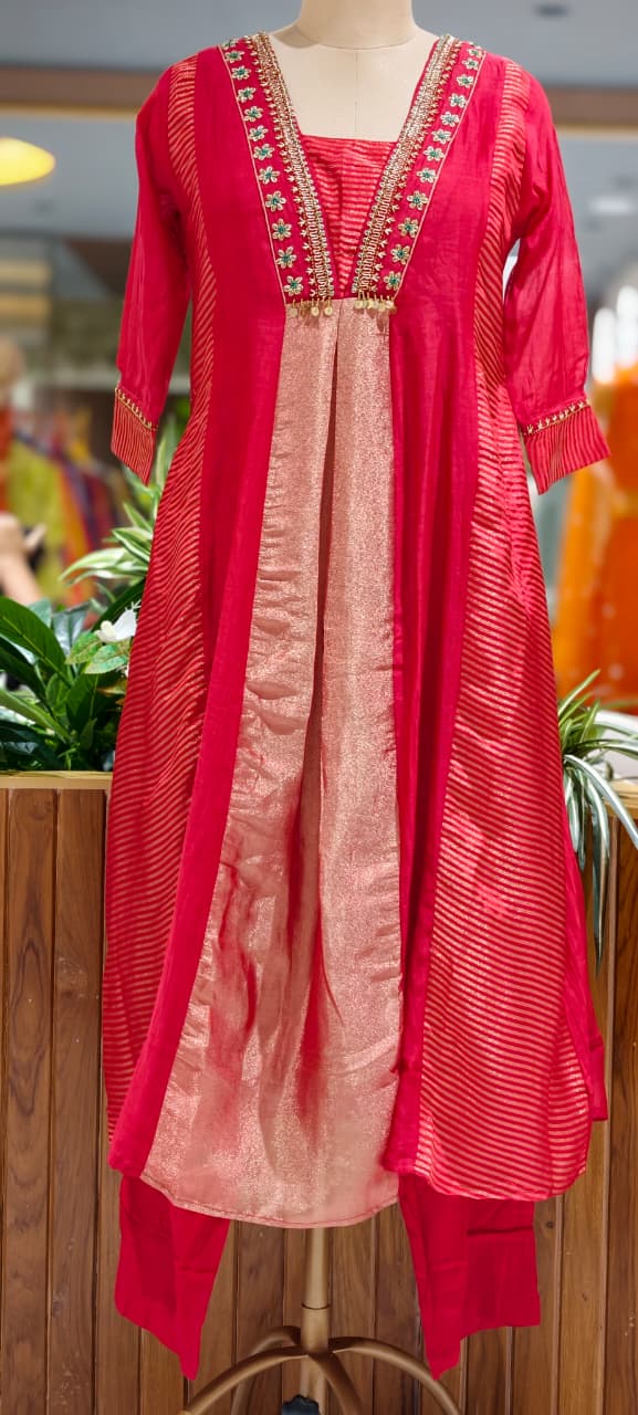 Grand Nior Tassel Accent Golden Stripes Tissue A-Line Full Suit Set With Dupatta- 15325