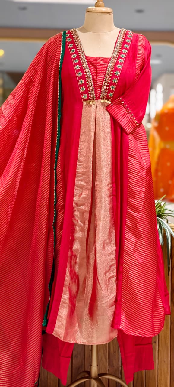 Grand Nior Tassel Accent Golden Stripes Tissue A-Line Full Suit Set With Dupatta- 15325