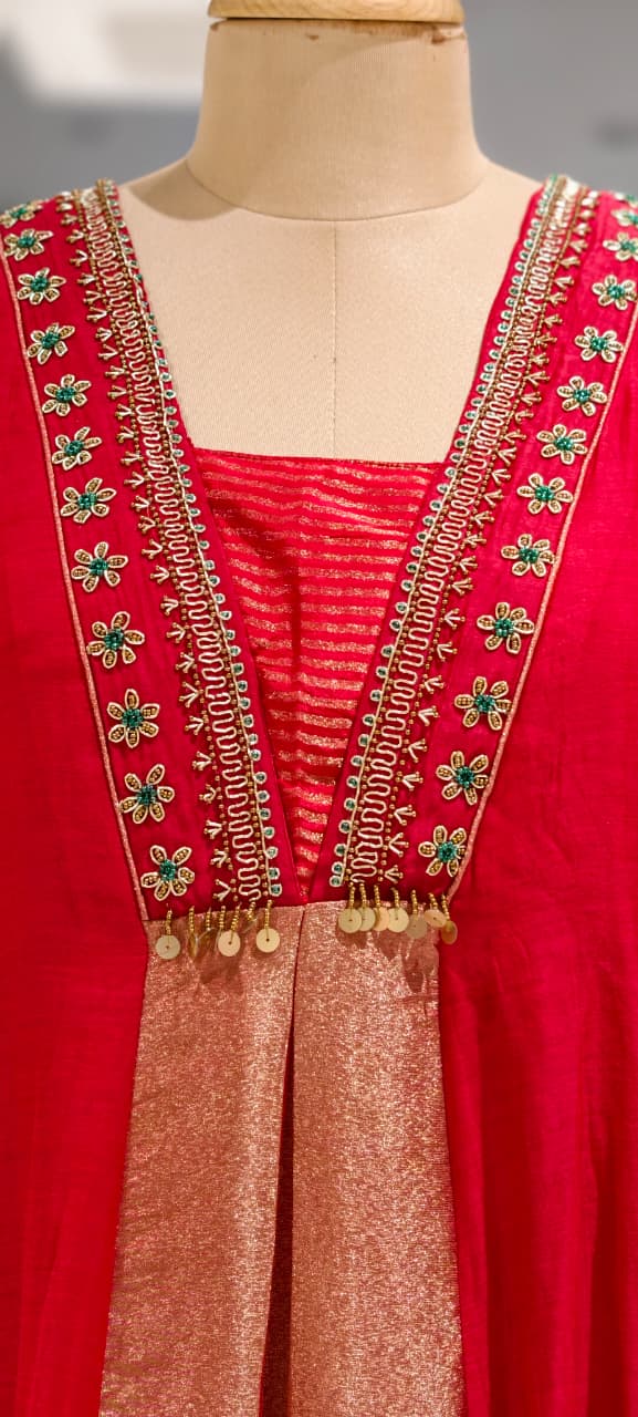 Grand Nior Tassel Accent Golden Stripes Tissue A-Line Full Suit Set With Dupatta- 15325