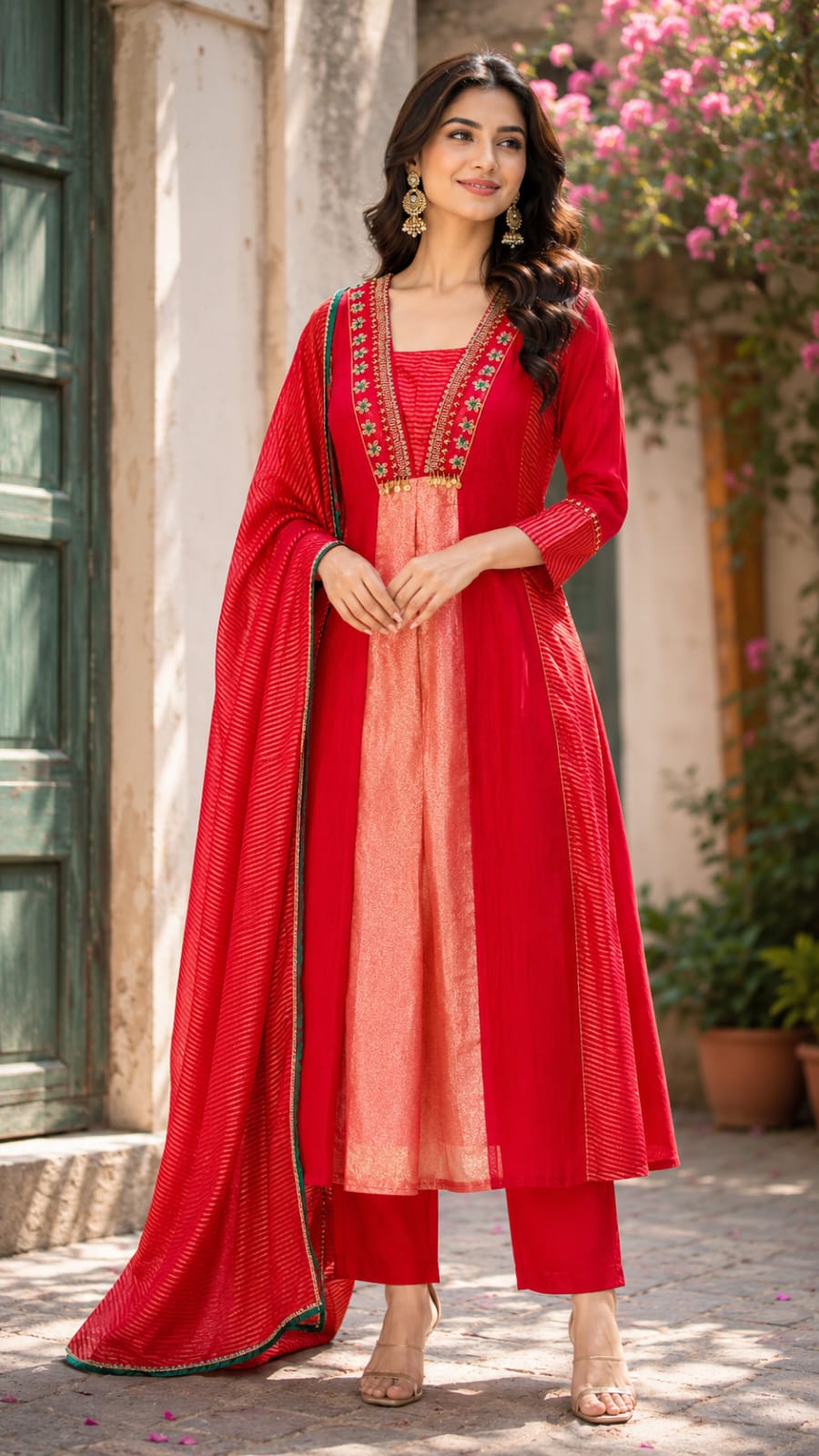 Grand Nior Tassel Accent Golden Stripes Tissue A-Line Full Suit Set With Dupatta- 15325