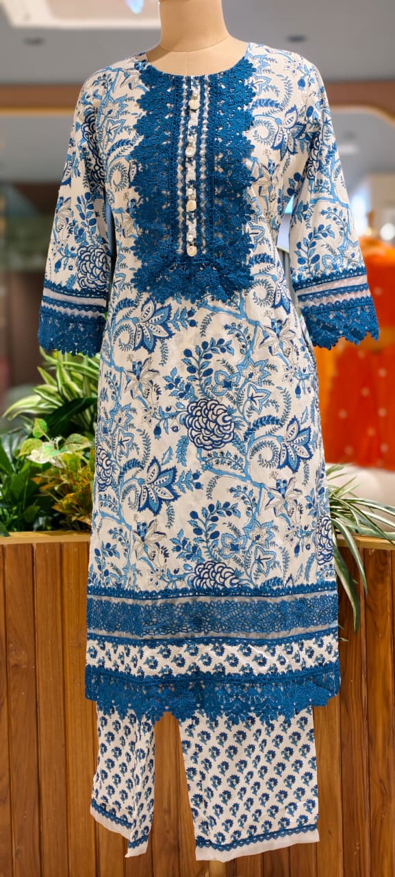 Crosia Lace Detailing Floral Printed Cotton Full Suit Set With Dupatta- 15406