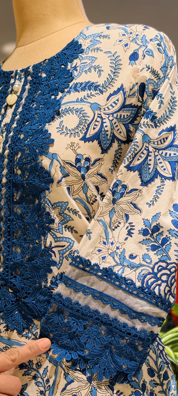 Crosia Lace Detailing Floral Printed Cotton Full Suit Set With Dupatta- 15406