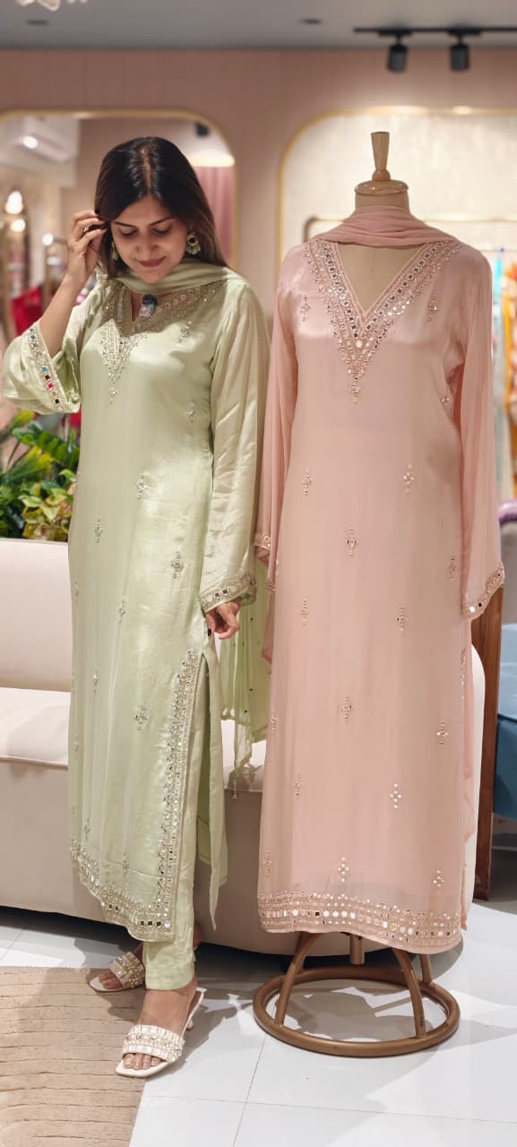 Premium Pastel V-Neck Pakistani Style Long Length Full Suit Set with Intricate Mirror Work- 15348,, 15342