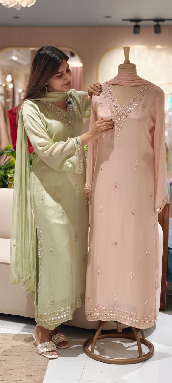 Premium Pastel V-Neck Pakistani Style Long Length Full Suit Set with Intricate Mirror Work- 15348,, 15342