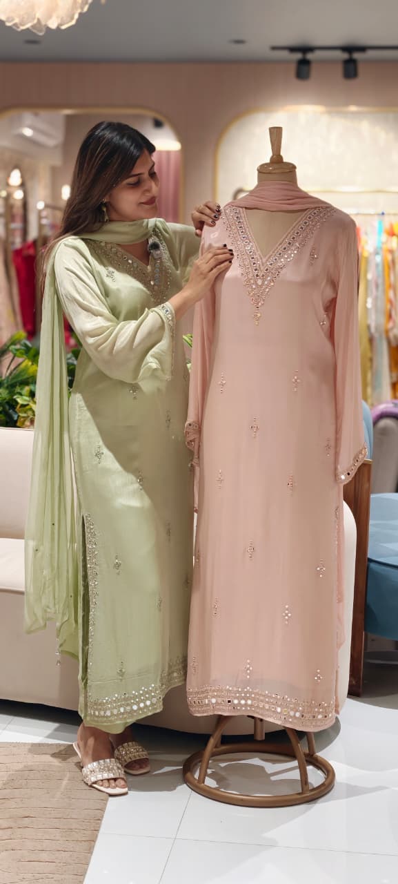 Premium Pastel V-Neck Pakistani Style Long Length Full Suit Set with Intricate Mirror Work- 15348,, 15342