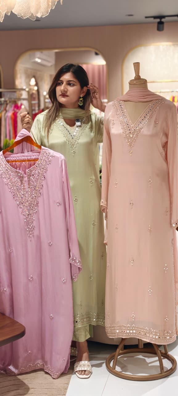 Premium Pastel V-Neck Pakistani Style Long Length Full Suit Set with Intricate Mirror Work- 15348,, 15342