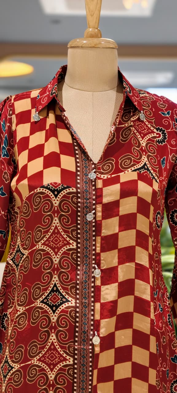 Checkerboard Rounded Print Dual Tone Crepe Shirt- 15434