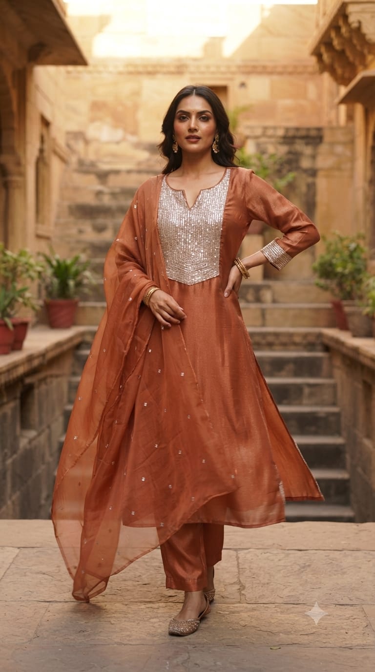 Kareena Kapoor Inspired Sequin Embellished Shiny Yoke Tissue A-Line Full Suit Set With Dupatta- 15346