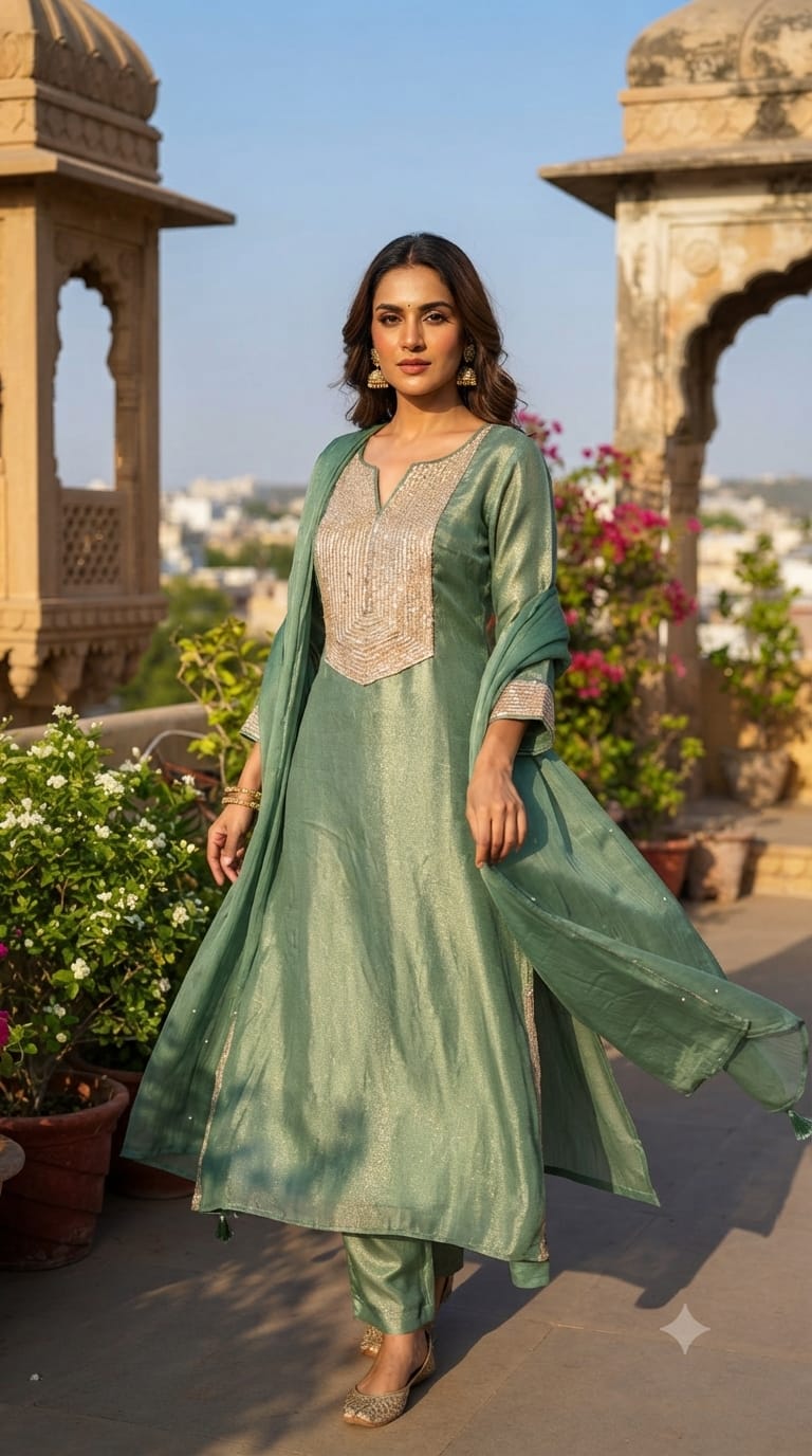Kareena Kapoor Inspired Sequin Embellished Shiny Yoke Tissue A-Line Full Suit Set With Dupatta- 15346