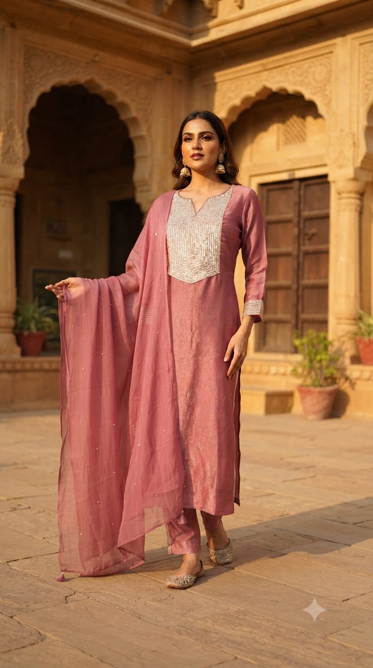 Kareena Kapoor Inspired Sequin Embellished Shiny Yoke Tissue A-Line Full Suit Set With Dupatta- 15346