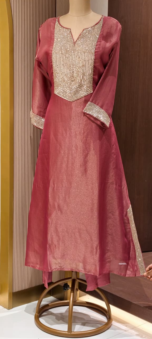 Kareena Kapoor Inspired Sequin Embellished Shiny Yoke Tissue A-Line Full Suit Set With Dupatta- 15346