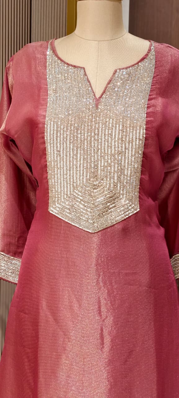 Kareena Kapoor Inspired Sequin Embellished Shiny Yoke Tissue A-Line Full Suit Set With Dupatta- 15346