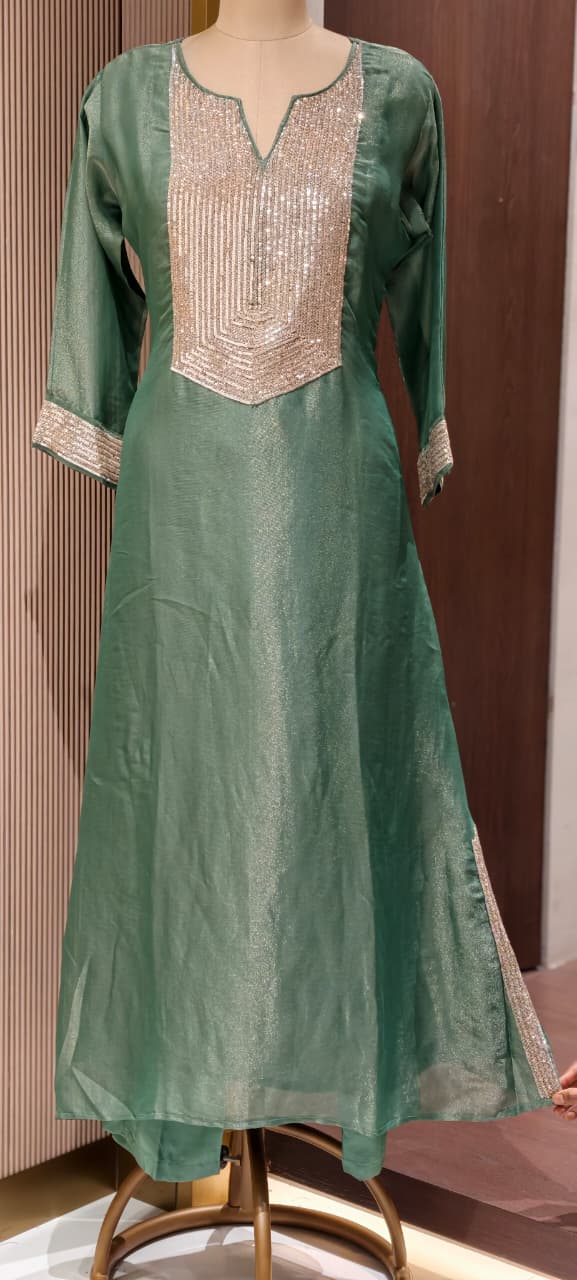 Kareena Kapoor Inspired Sequin Embellished Shiny Yoke Tissue A-Line Full Suit Set With Dupatta- 15346