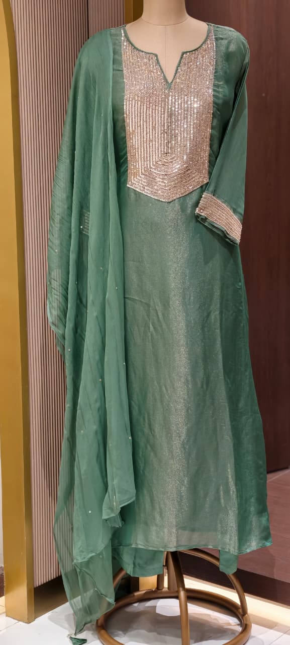 Kareena Kapoor Inspired Sequin Embellished Shiny Yoke Tissue A-Line Full Suit Set With Dupatta- 15346