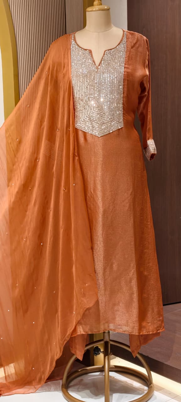 Kareena Kapoor Inspired Sequin Embellished Shiny Yoke Tissue A-Line Full Suit Set With Dupatta- 15346