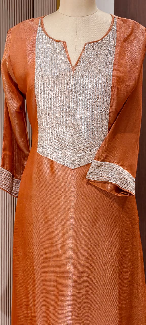 Kareena Kapoor Inspired Sequin Embellished Shiny Yoke Tissue A-Line Full Suit Set With Dupatta- 15346