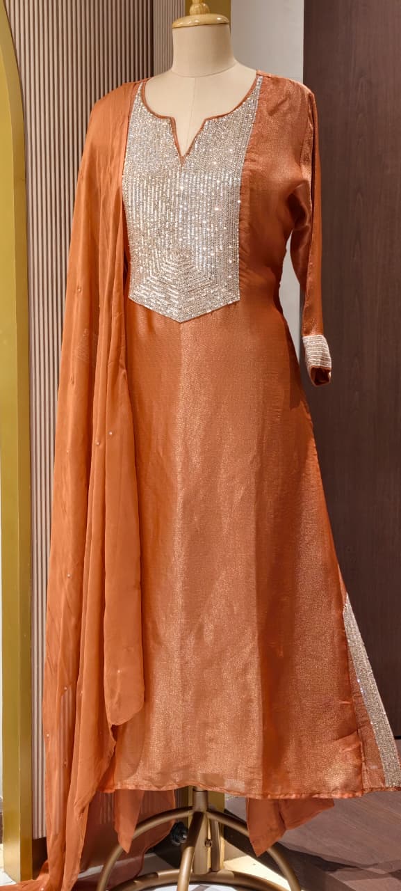 Kareena Kapoor Inspired Sequin Embellished Shiny Yoke Tissue A-Line Full Suit Set With Dupatta- 15346