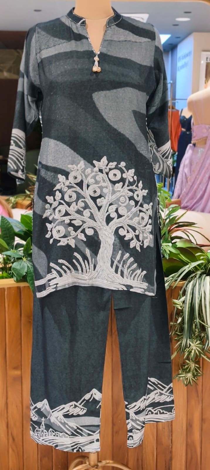 Humming Tree Embroidered Mossaic Print Linen Cotton Co-Ord Set- 15341