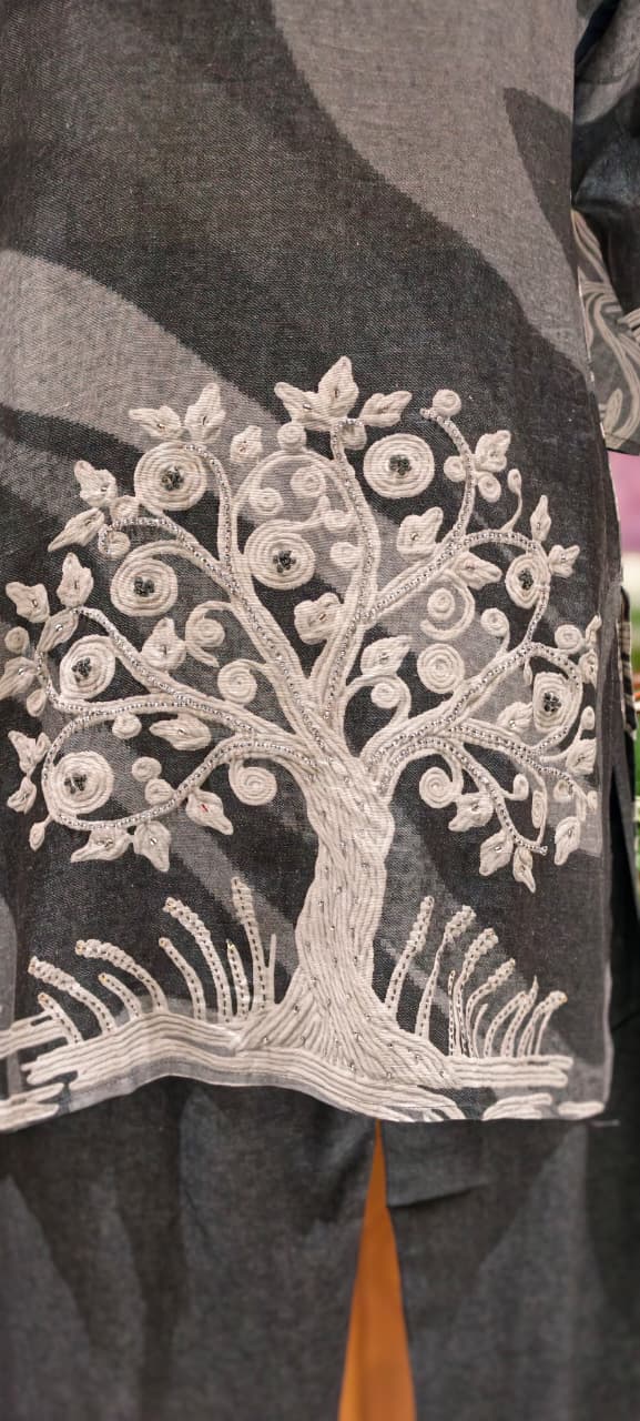 Humming Tree Embroidered Mossaic Print Linen Cotton Co-Ord Set- 15341