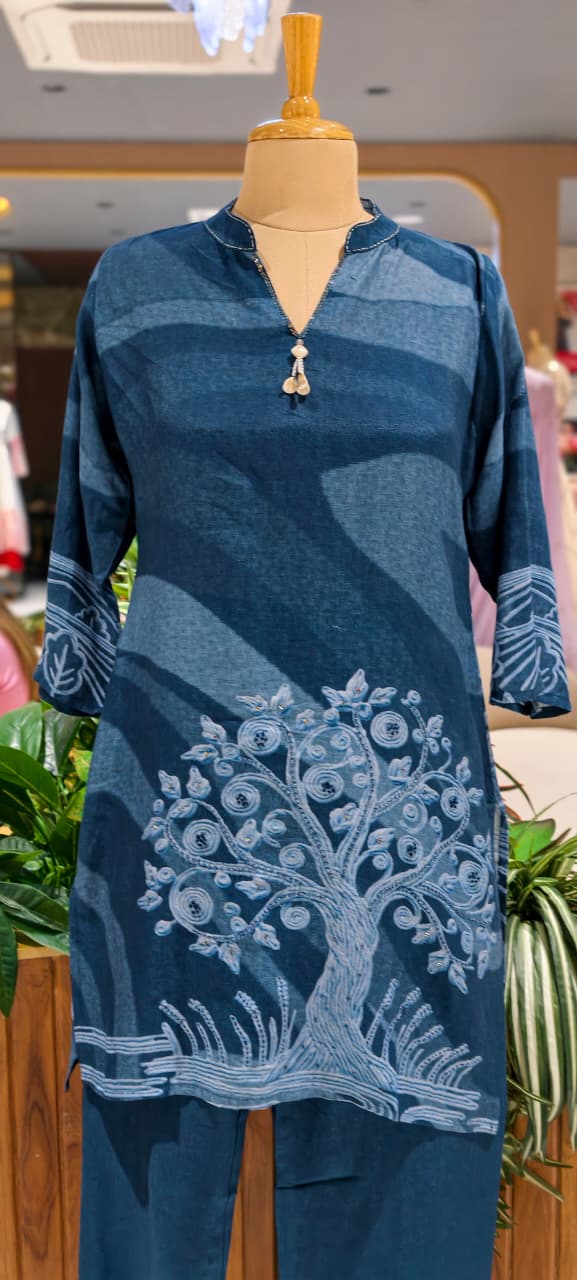 Humming Tree Embroidered Mossaic Print Linen Cotton Co-Ord Set- 15341