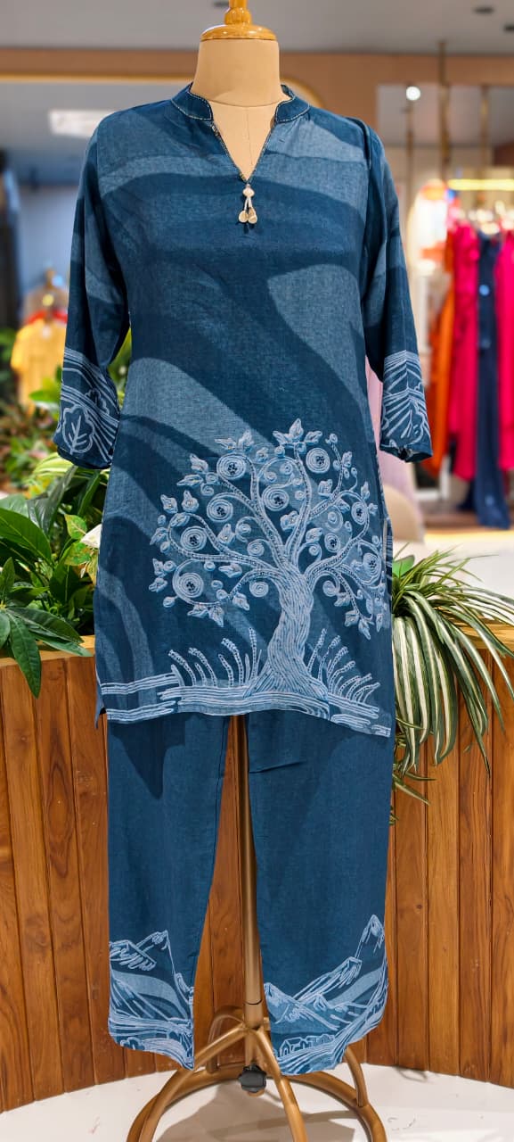 Humming Tree Embroidered Mossaic Print Linen Cotton Co-Ord Set- 15341
