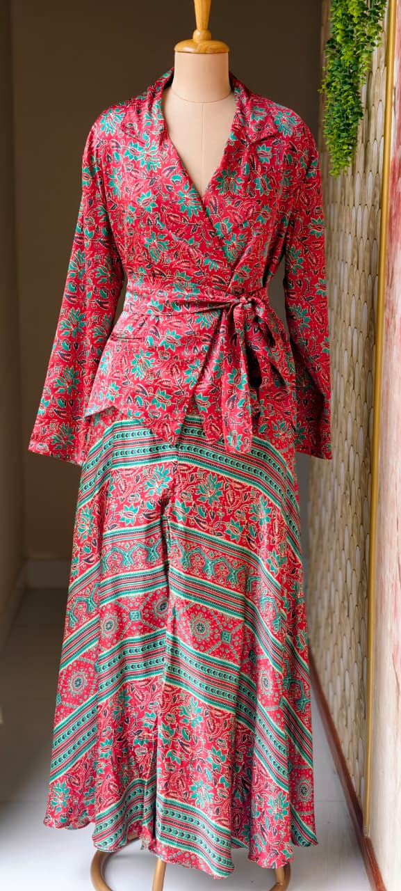 Tiny Floral Block Prints Kimono Style Shiny Modal Satin Indo Wear Top With Flared Bottom- 14947